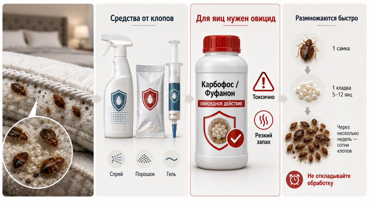 ничтожения яиц клопов необходимы специальные средства с овицидным действием
